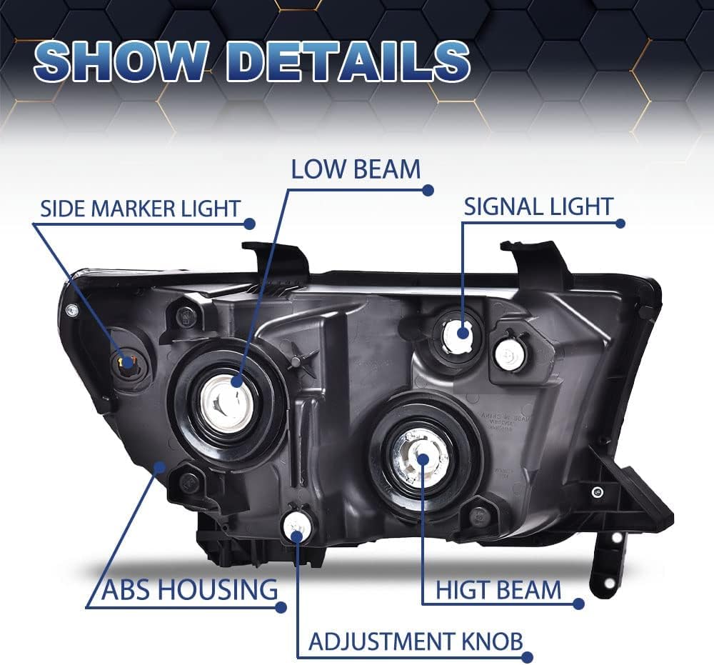 PIT66 Headlight Assembly Fit for 2007-2013 Tundra (W/O Headlight Leveling Models) Fit 2008-2017 Sequoia (12-14 Sequoia WITHOUT Headlight Washer Only) Clear Lens Chrome Housing Amber Reflector