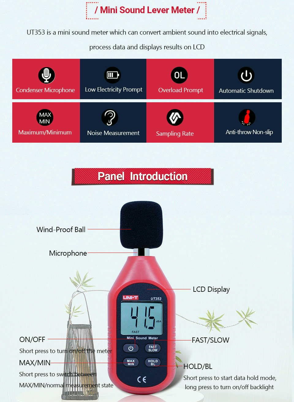 UNI-T Hygrometer UT353 UT353BT Sound Level Bluetooth Meter Digital Noise Measuring Tester 30-130dB Professional Decibel Monitor dB Detector(UT353)