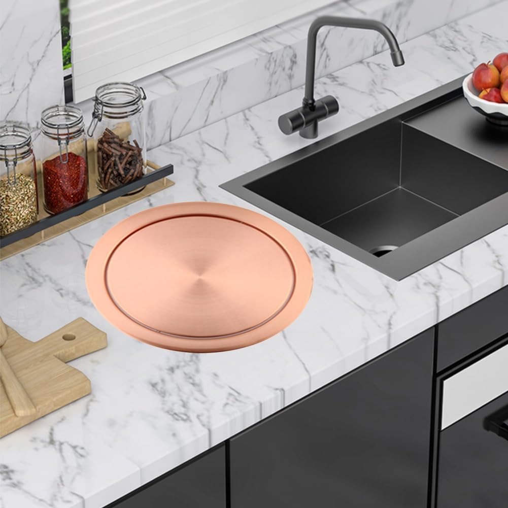 Countertop Round Trash Can Lid, Embedded Stainless Steel Bin Flip Cover, Space-Saving Waste Solution, Round Sleek Swing Cover for Kitchen Desk,Rose Gold,Gold-252mm (Rose Gold-252mm