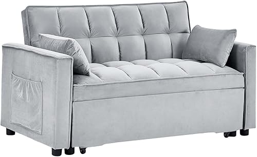 Miniatura 19 de Sofá cama convertible 3 en 1, sofá biplaza moderno de terciopelo con almohadas y bolsillos laterales, sofá extraíble de 2 plazas para espacios Crema