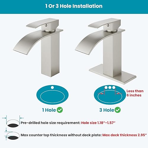 Miniatura 5 de gotonovo Grifo de baño en cascada de una sola manija para fregadero de acero inoxidable moderno de 1 agujero, grifo mezclador moderno con drenaje