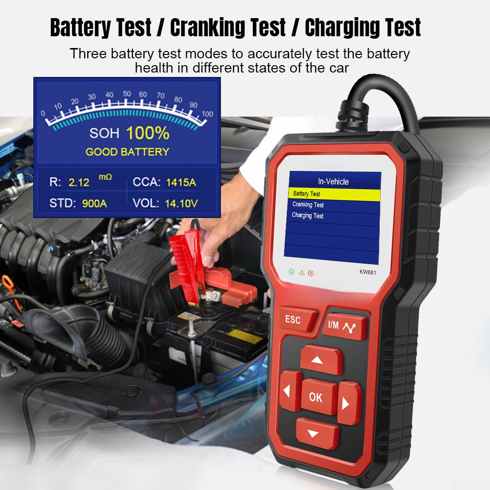 KW681 - Tester per batterie da 6 V/12 V per auto e moto, scanner diagnostico con lettura dei codici di errore e funzione di cancellazione, per batterie AGM, gel e acido, standard OBD2 (a partire dal
