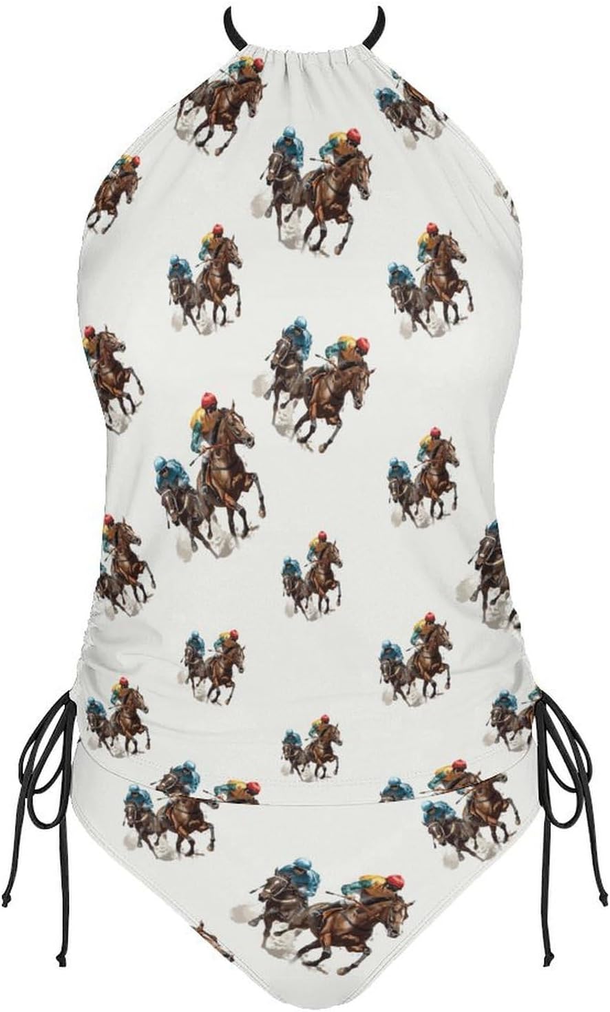 Jockeys Racing Horses Women's Tankini Swimsuit Two Piece Tummy Control Bathing Suits Tie String Swimwear