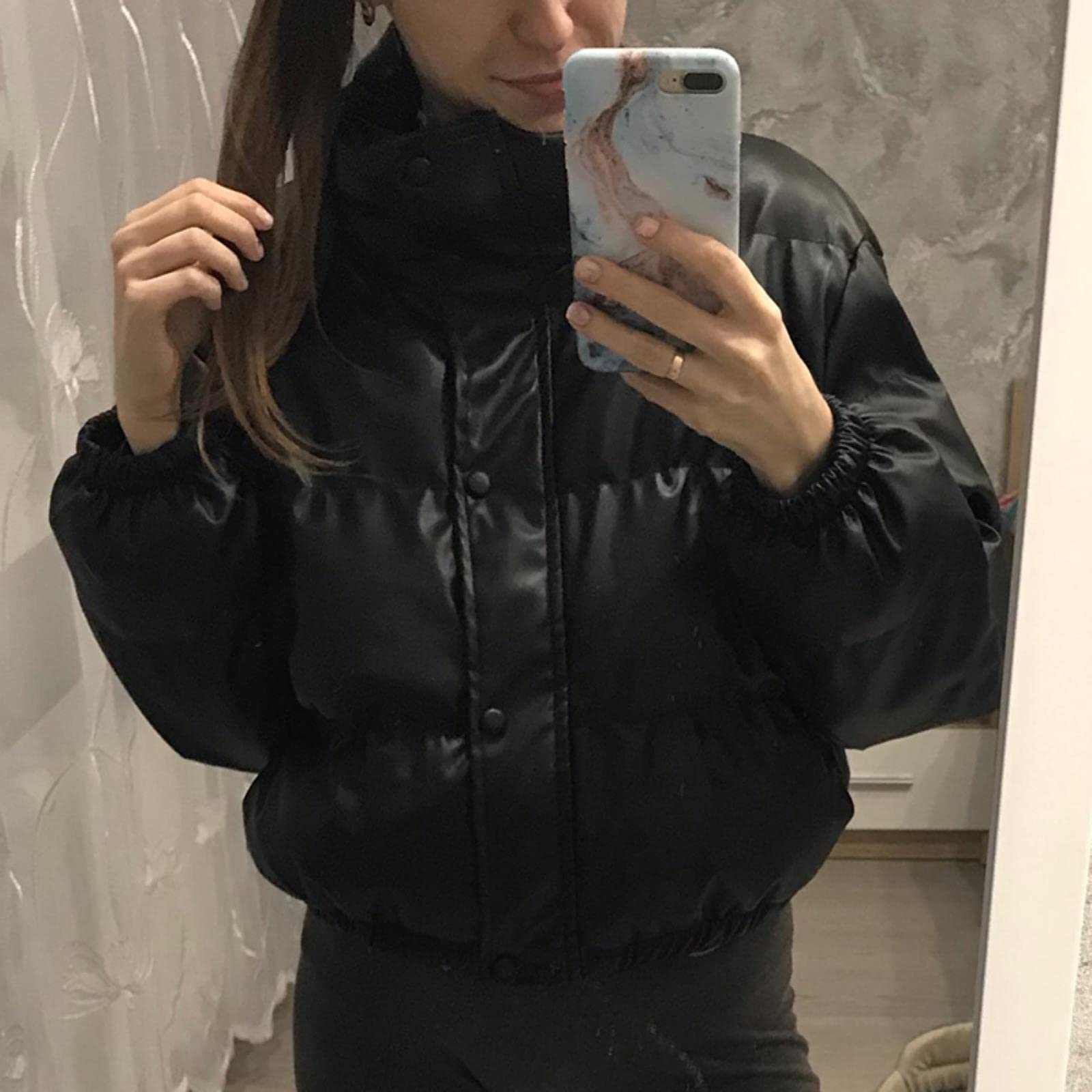 Invierno Grueso cálido Parkas Cortas Mujeres Moda PU Cuero Abrigos Damas Elegantes Cremallera Chaquetas de algodón-Black,XS