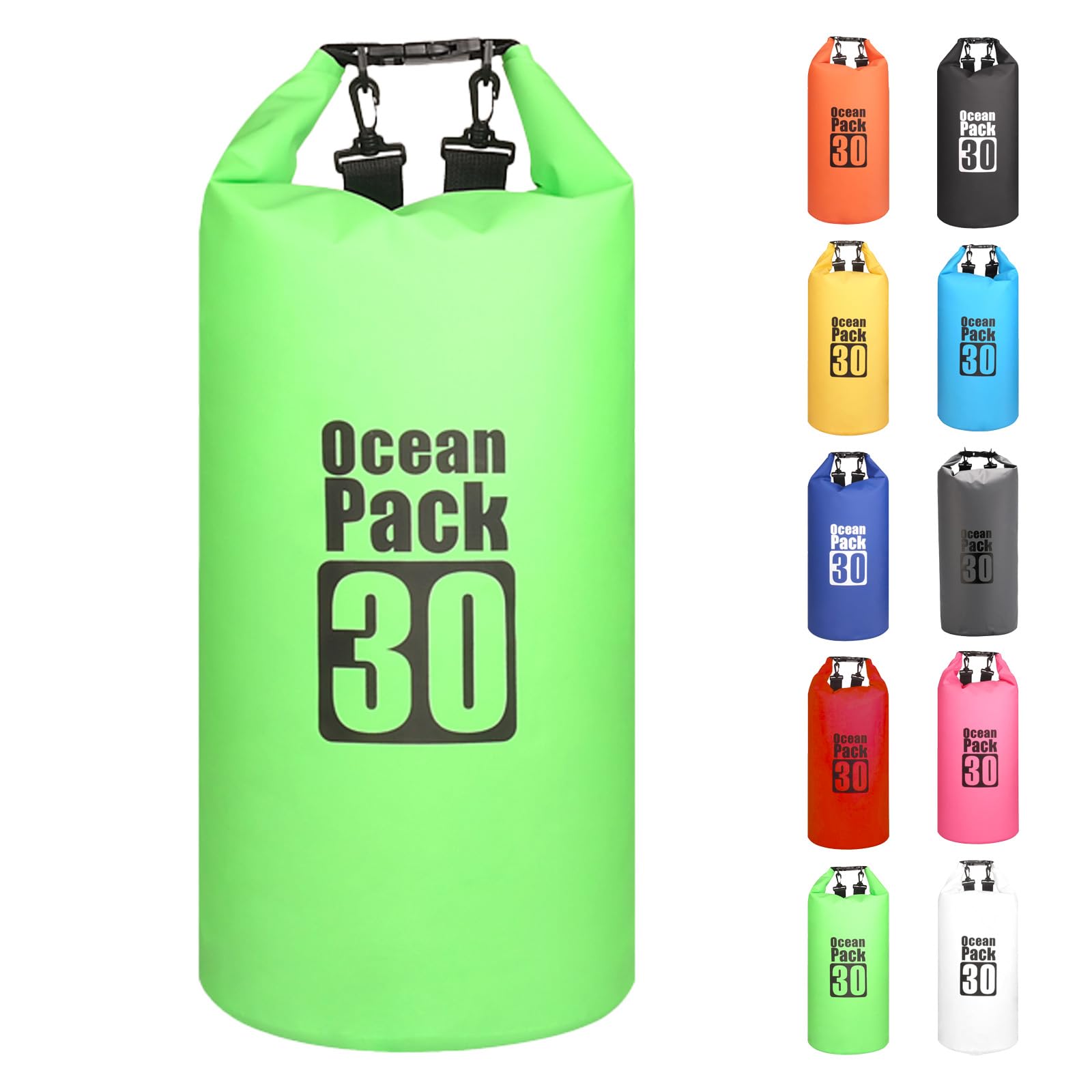 MORAINJAY 30L Green Dry Bag,Waterproof Bag with Double Adjustable Shoulder Strap,Large Capacity Dry Sack 2L 5L 10L 15L 20L 30L for Outdoor Camping,Rafting,Swimming,Boating,Surfing