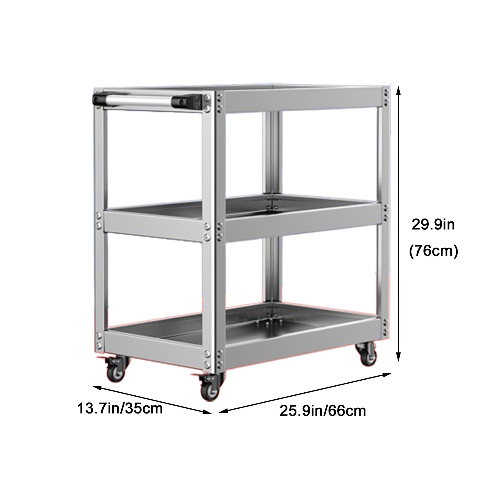 Carrello Da Pranzo con Doppio Ripiano, Tavolo Da Lavoro In Acciaio Inox con 4 Ruote, Carrello con Ruote In Filo Metallico con Barra Di Trasporto per Cucina Commerciale, Ristorante, Argento(66*35*76cm)