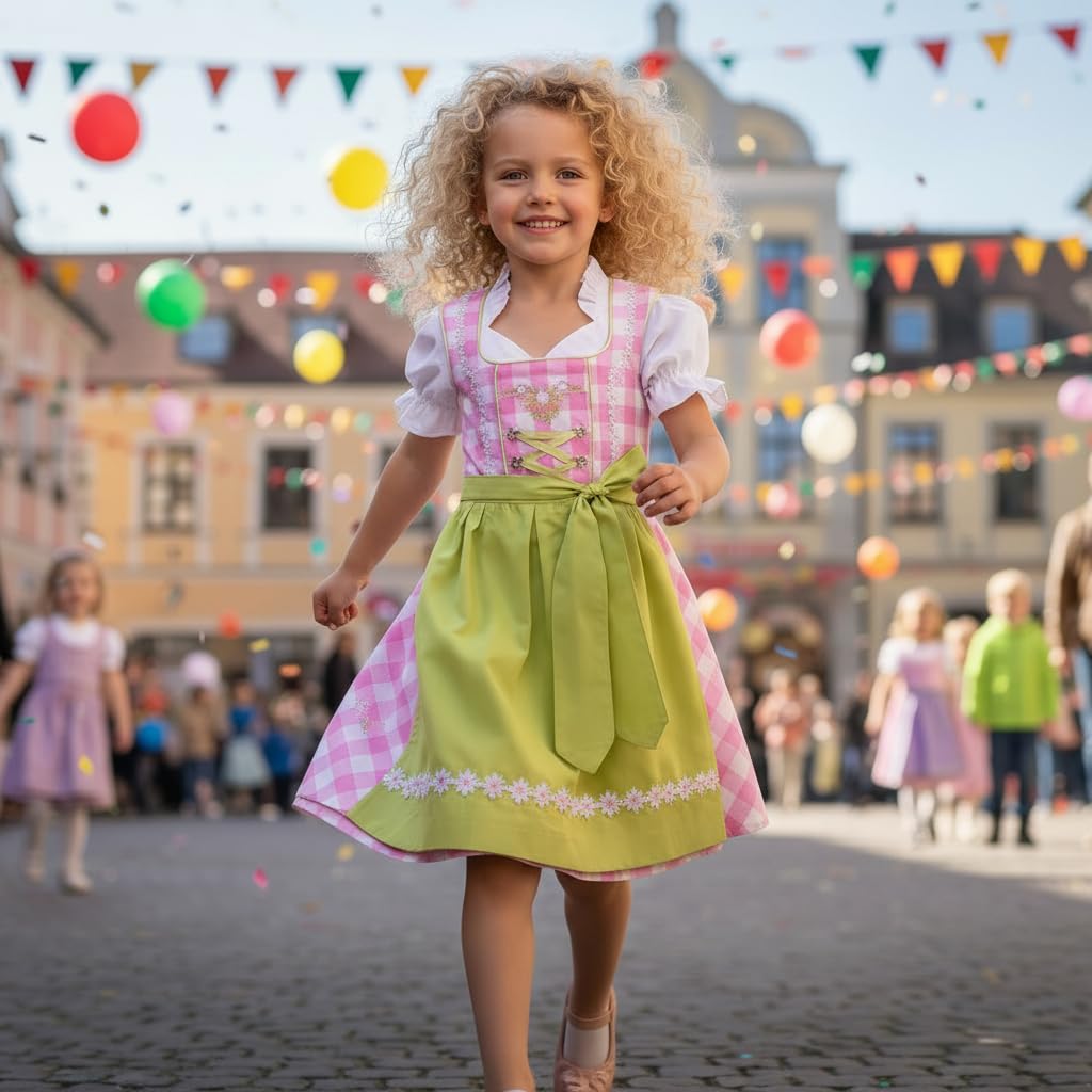 German Dress for Girls Bavarian Dirndl Oktoberfest Children Dress Carnival Halloween Size 2T,4T,6,8,10,12,14, Pink, 6