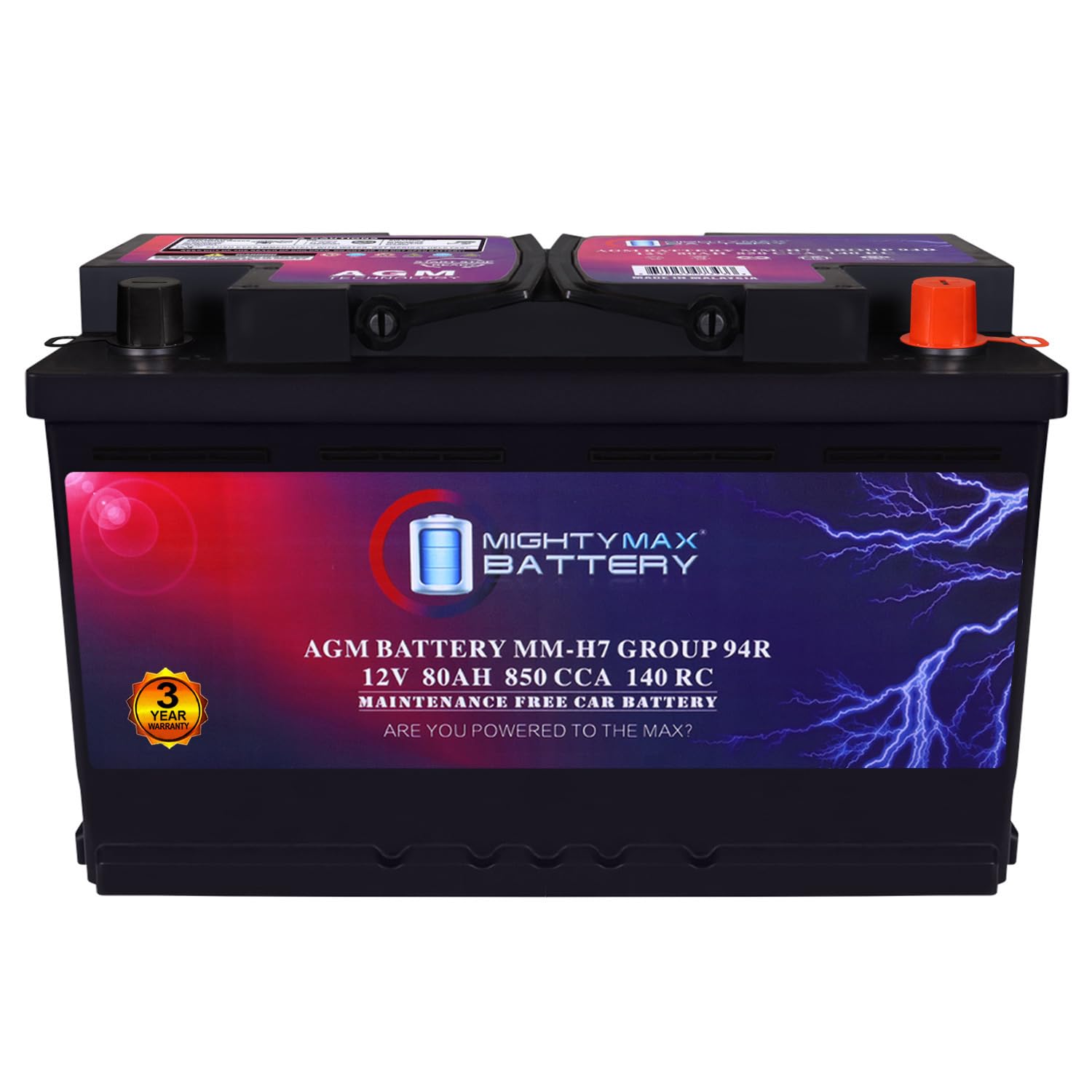 mighty max battery mm-h7 start and stop car bci group size 94r 12v 80ah, 140rc, 850 cca rechargeable agm car battery