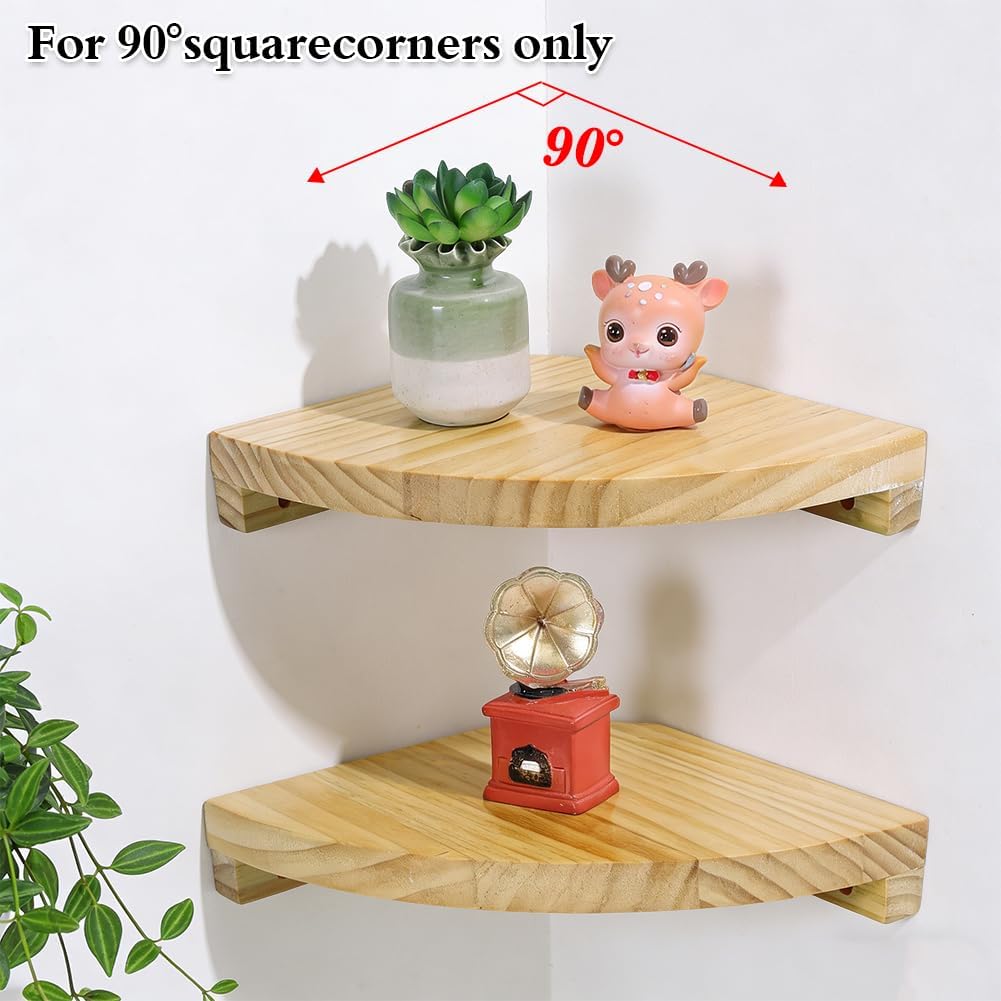 PH PandaHall Corner Floating Shelves for Wall, Set of 2 Rounded Corner Shelves 7.87" Wooden Floating Wall Mounted Storage Shelf for Living Room Bedroom Farmhouse Kitchen Home Office Display