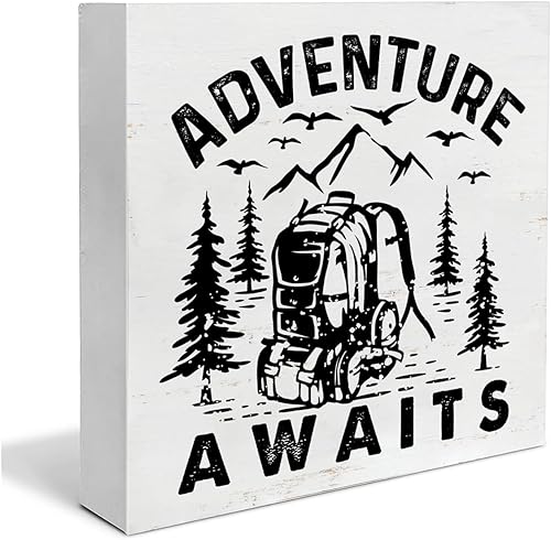 Cartel de madera para acampar, decoración del hogar, letrero cuadrado de madera de aventura, decoración de escritorio, bloque de madera, placa para