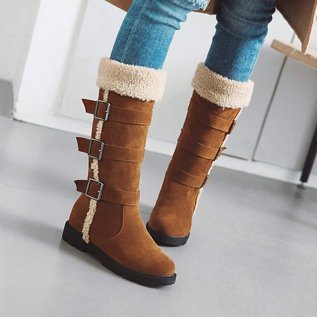 VOKLIN Women's Winter Fur Mid Wide Calf Snow Boots Waterproof Suede Buckle Slip On Quilted Warm Snow Boot