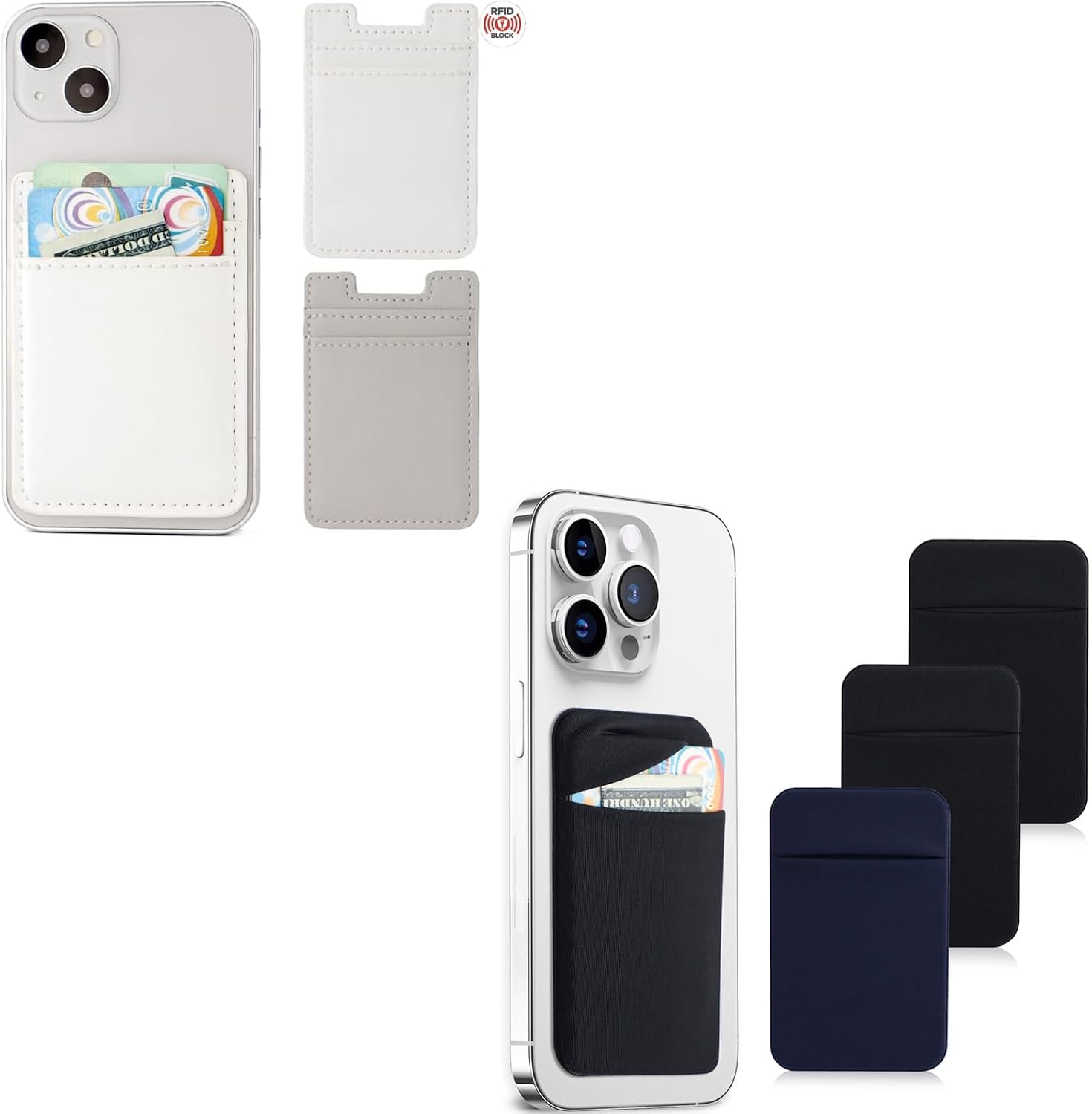 Fulgamo Bundle-2Pack PU Leather White&Grey Phone Wallet+3Pack Cloth 2black&1Navy blue Phone Wallet