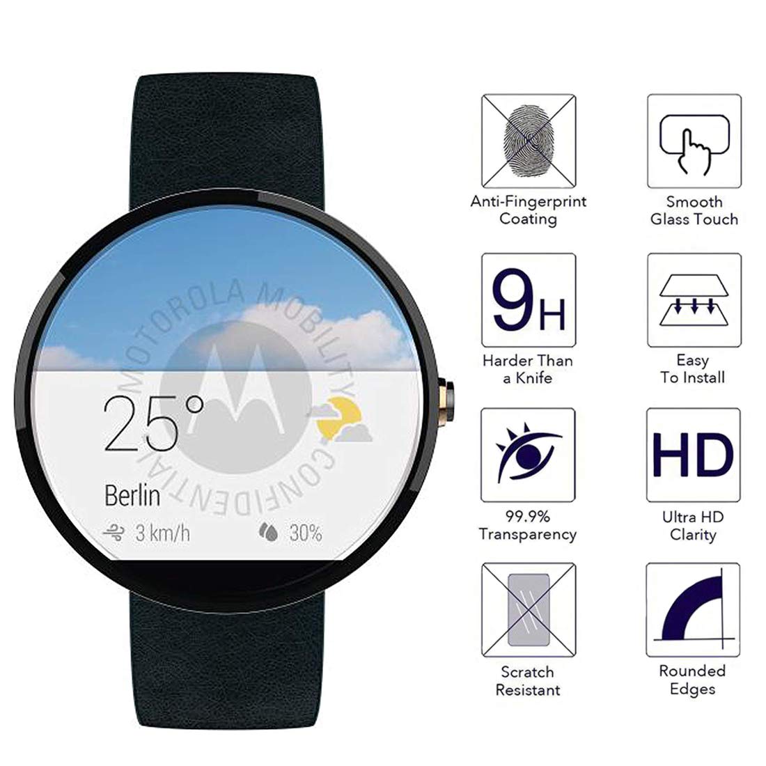 Youniker 3 Pellicole Vetro Temperato Per Motorola Moto 360 (2 Gen 42mm) - Anti Graffio 9H E Rivestimento Oleofobico