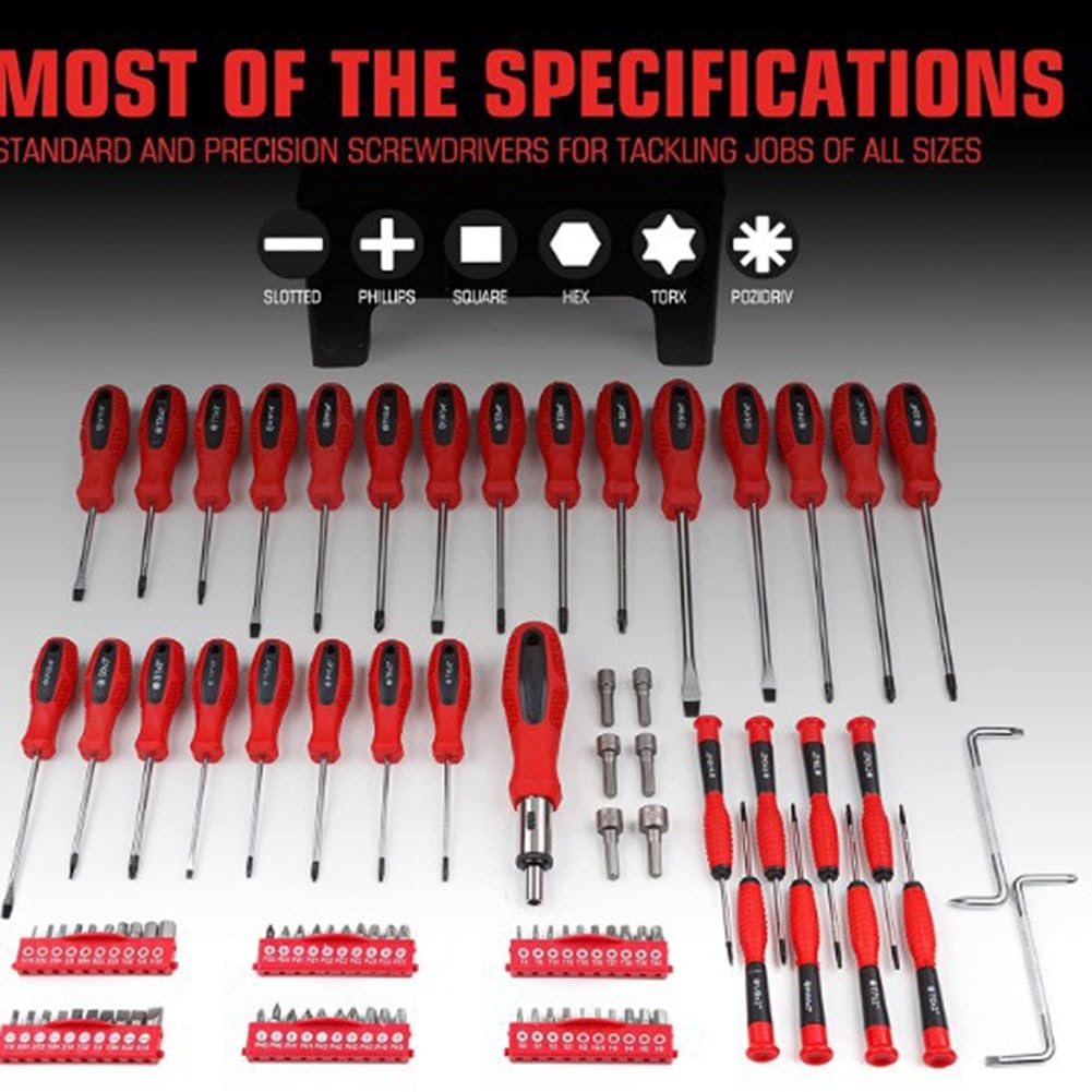 Juego de 100 Destornilladores Magnéticos para Uso Profesional con Soporte de Almacenamiento, Color Rojo