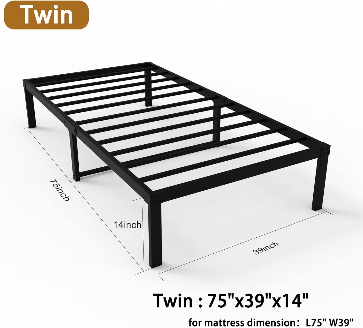 MOLATIN 14 Inch Metal Bed Frame,Heavy Duty Metal Platform Bed Frame, Easy Assembly,Sturdy Steel Frame, No Box Spring Needed,Twin,Black