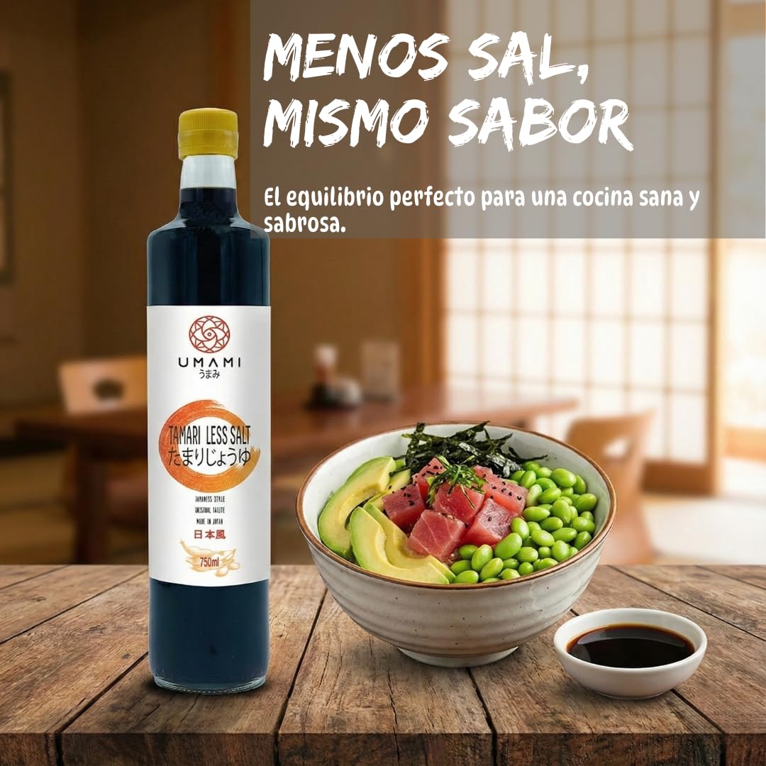 Umami Salsa de Soja Menos Sal 750ml - Baja en Sodio - Producida en Japón para Sushi y Wok