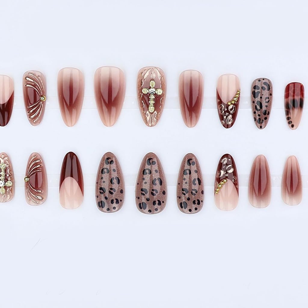 Comfortable Fit Presses on Nails French Nudes Pink Metal Leopards Print Crosses Highly Shining Finish for Everyday Use