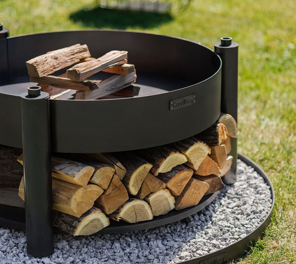 CookKing Feuerschale Montana X 60 mit Holzlager und Zubehör aus Rohstahl Ø 60 cm handgeschweißt wetterfest inklusive Grillrost und Befestigungsmast für Garten Terrasse Outdoor