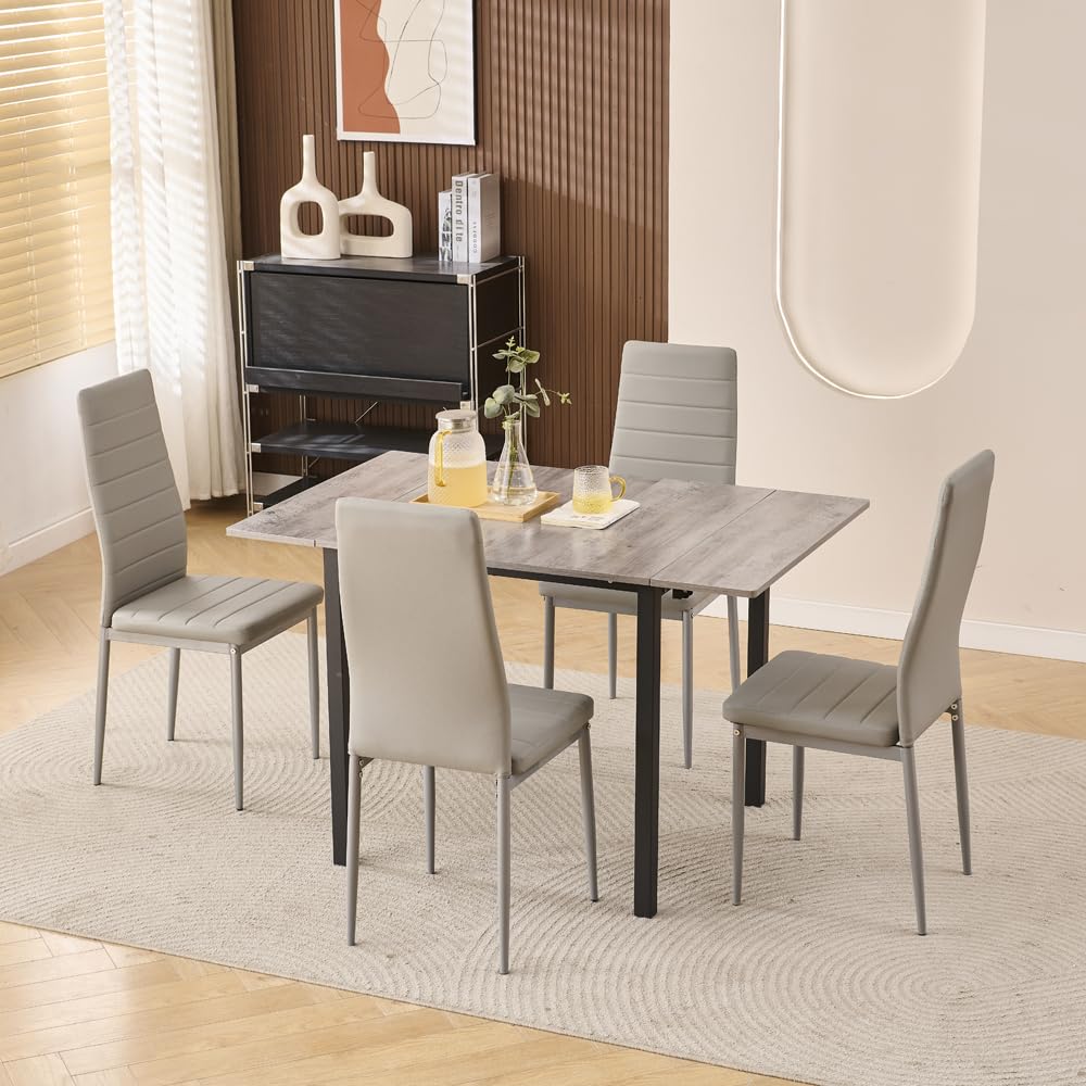 Homullel Drop Leaf Dining Table and Chairs Set 4 Seater Dining Room Dinner Set for Small Spaces, Foldable Small Kitchen Table, Space Saving (4 chairs, Grey Faux Leather Line)