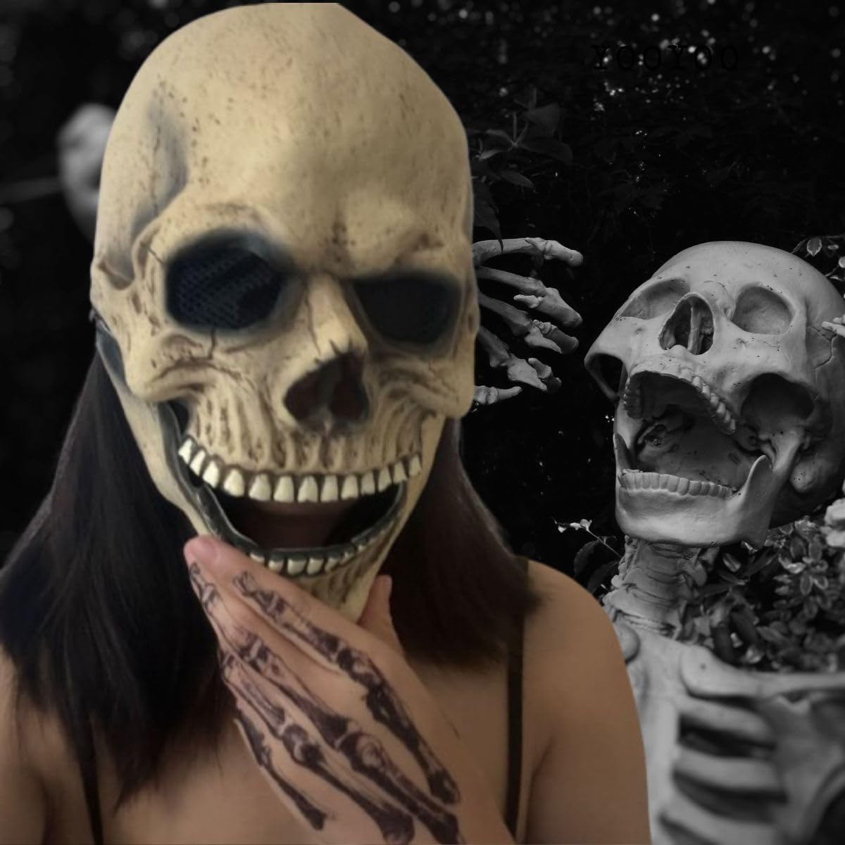 YOOYOO Halloween Scary Skull Mask Moving Jaw Full Head Skeleton Movable Jaw Moving Mouth Helmet Face Masks Horror Human Latex