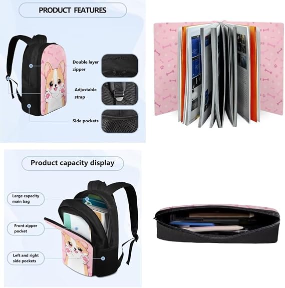 Pink Dog Backpack and Lunch Box for Girls School Bag and Pencil Box for Kids Large Capacity Book Bag and Book Cover for Back to School Soft Daypack Gift for Back to School