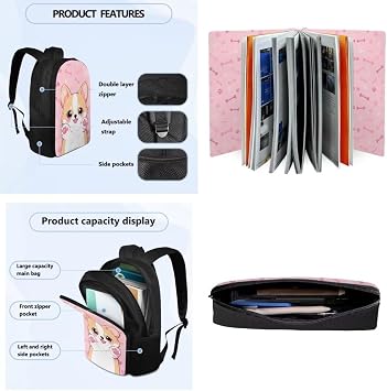 Pink Dog Backpack and Lunch Box for Girls School Bag and Pencil Box for Kids Large Capacity Book Bag and Book Cover for Back to School Soft Daypack Gift for Back to School