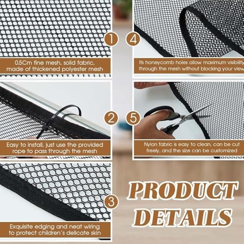 Banister Guard-15ft X 3ft Thick Balcony Safety Net for Kids Pet Balcony Guard Balcony Netting for Pets Rail Net for Balcony Apartment Cat Netting Safety Netting for Railings Stair Guard (Black) - 2