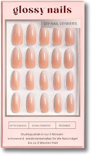 GNVS by GlossyNails - Premium Press On Nails - Künstliche Nägel zum Aufkeleben - Ombre Angel Long Almond – Hochglanz Soak Off UV/LED Gel für langanhaltende Maniküre