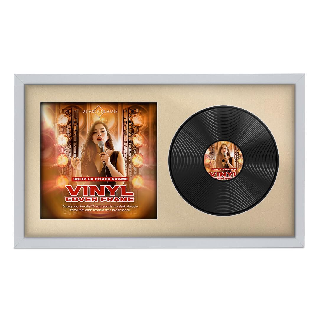 Alison Kingsgate 30×17” Silver Vinyl Record Frame- Fits 12” LP Cover & Disc - Engineered Wood with Shatterproof Perspex - Stylish Sleek Display for Home or Music Collection - Ivory Mount
