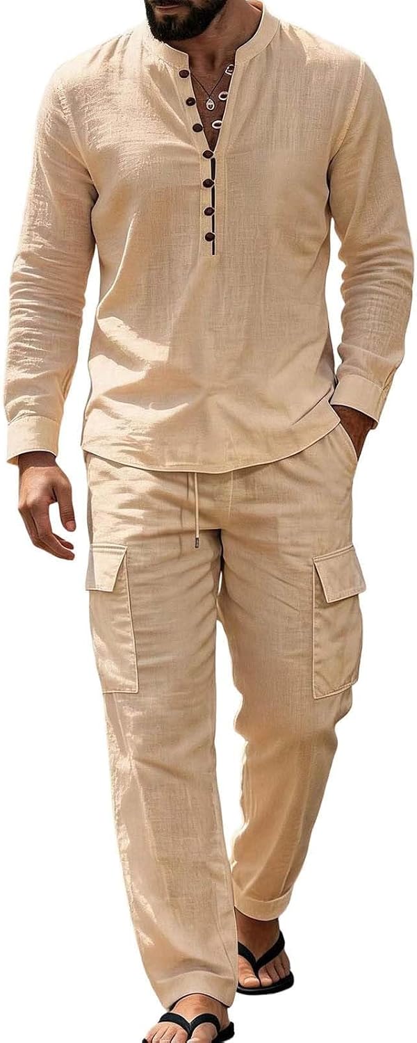 Mens Casual Two Piece Set Henley Shirt and Cargo Pants Outfit