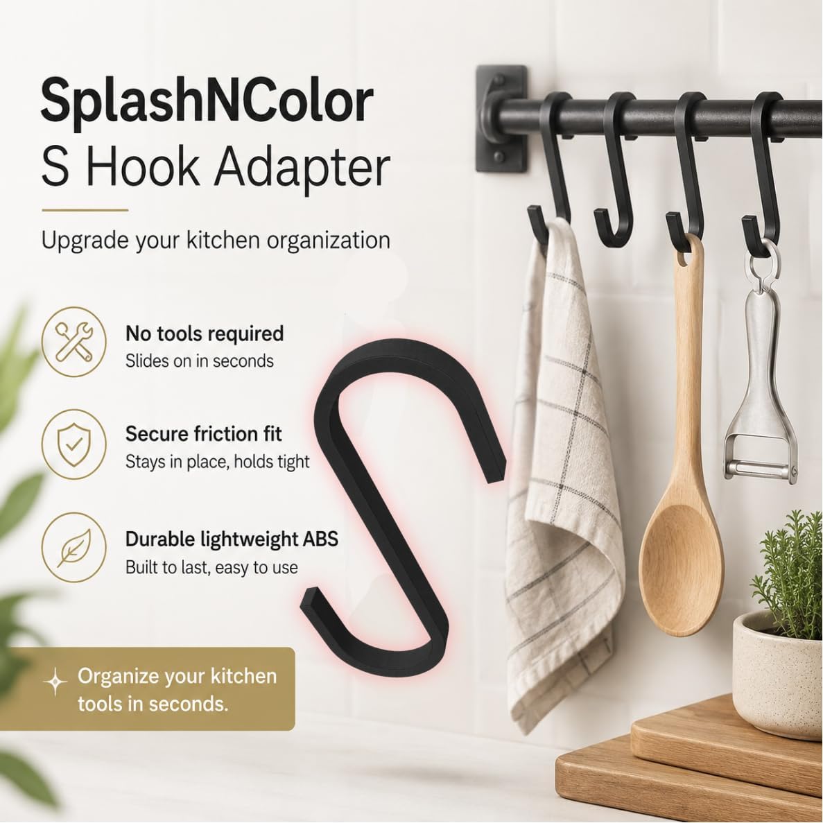 S Hook Adapter Compatible with IKEA Utensil Rail – Friction Fit Hanging Hook for Kitchen Bar | No Tools Required | Converts Utensil Handles into Hangable Storage