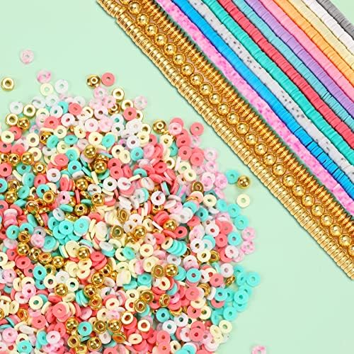 JULMELON 4080 Pcs Clay Beads Refill with 600 Pcs Round Gold Spacer Beads Kit Clay Beads Bracelet Making Kit Heishi Beads for Jewelry Making(6mm) (Macaron)