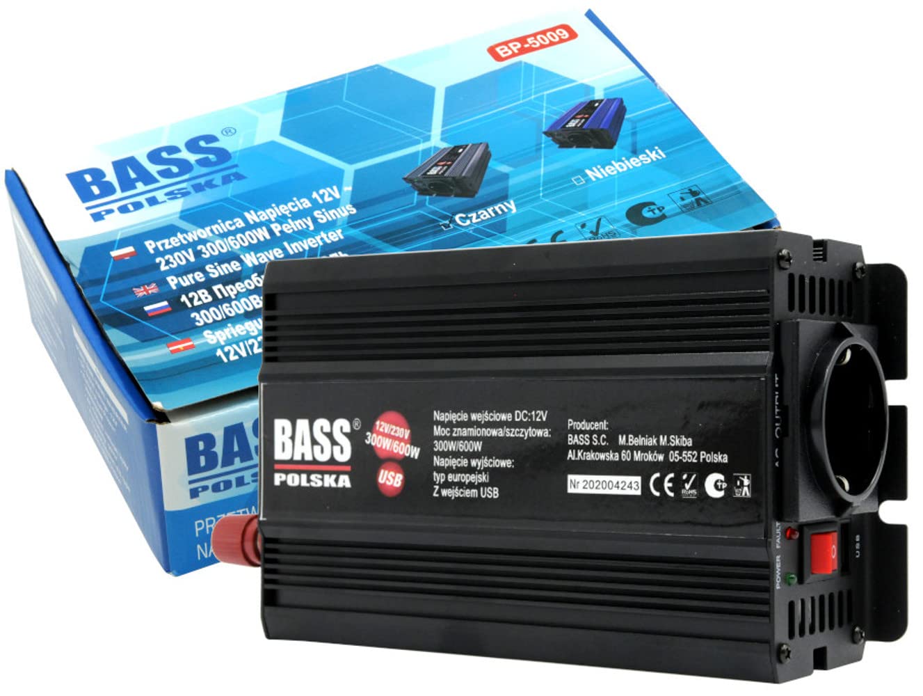 BASS POLSKA Przetwornica Napięcia do Elektronarzędzi Pieców CO Maszyn do Szycia Wentylatorów Komputerów Zamrażarek 12V 230 V 50 Hz z Pełnym Sinusem Moc Szczytowa 600W