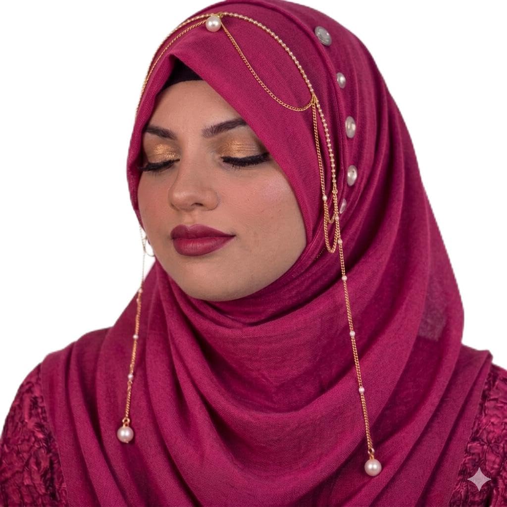 Burgundy Hijab with Gold Pearl Chain Accessory, Elegant Drape Style, Women's Islamic Head Scarf-image-28