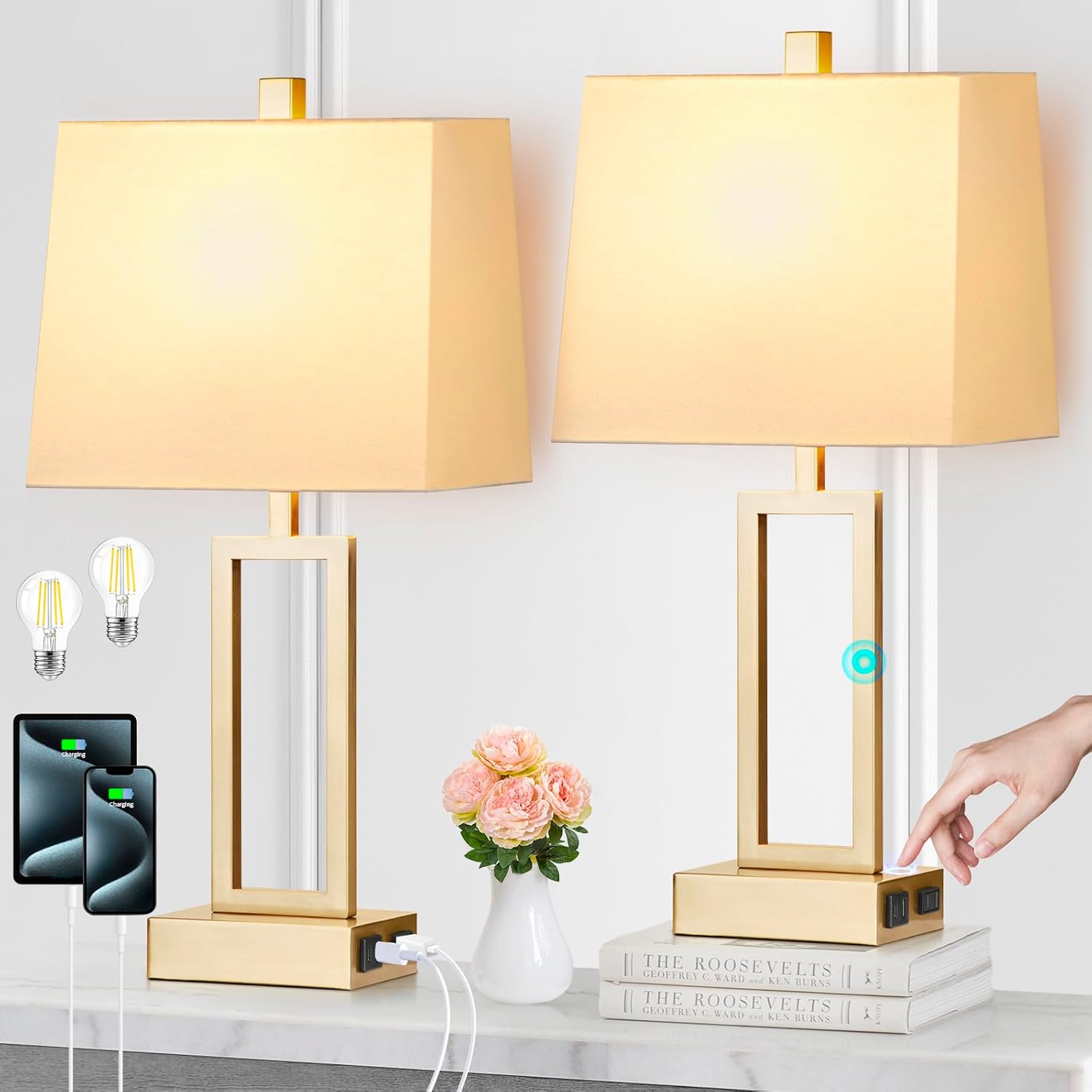Gold Touch Control Table Lamps Set with Linen Shades
