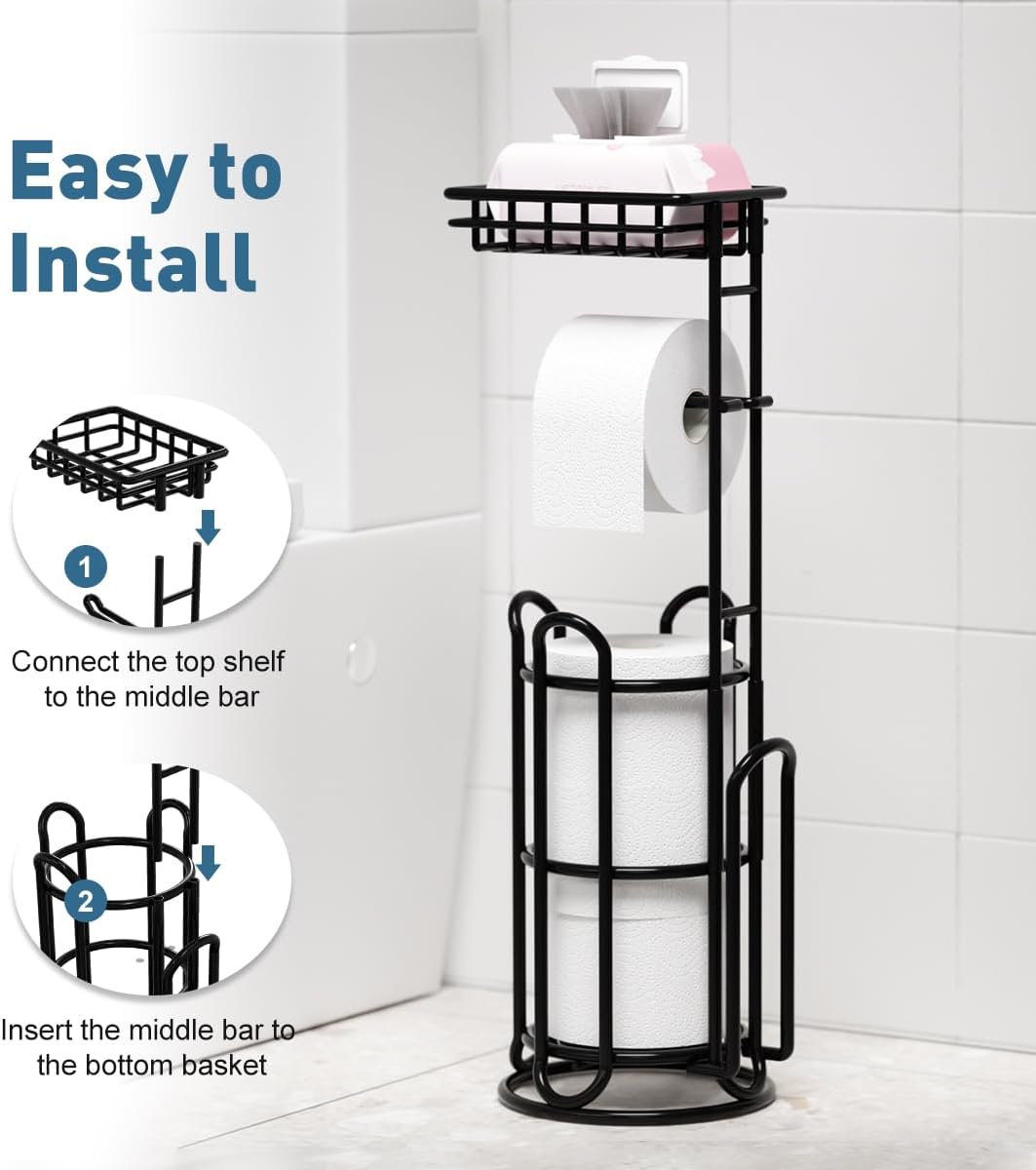 [Upgrade] Toilet Paper Holder Stand with Shelf Tissue Holders for Bathroom Free Standing Bath Tissue Roll Holder Magazine Rack for Mega Rolls/Phone/Wipe-Black