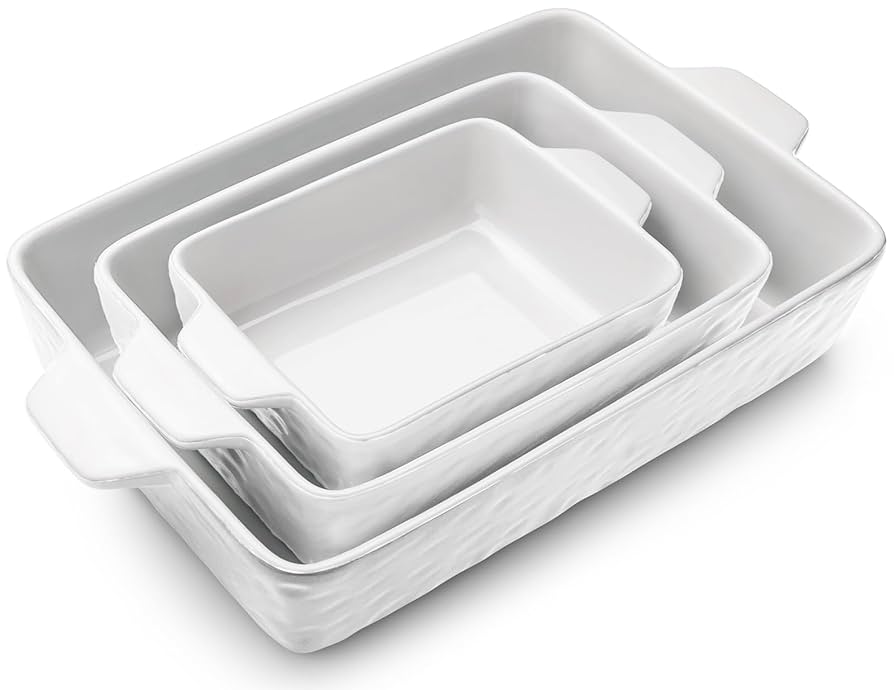 Casserole Dishes for Oven, Ceramic Baking Dishes, Lasagna Pan with Handles, Porcelain Baking Pan Deep, Bakeware for Baking, Cooking, Wedding Gift, Set of 3 (11.6" x 7.8", White)