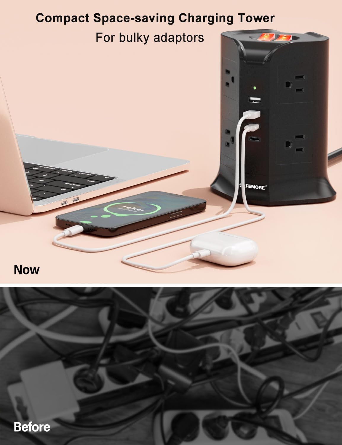 8-Outlet Surge Protector Power Strip with 4 USB Ports (2USB-C&2USB-A), 6.5ft Heavy Duty Extension Cord,ETL Listed 2Prong GFCI Outlets, 10A/1050J Circuit Breaker,for Home/Office and More