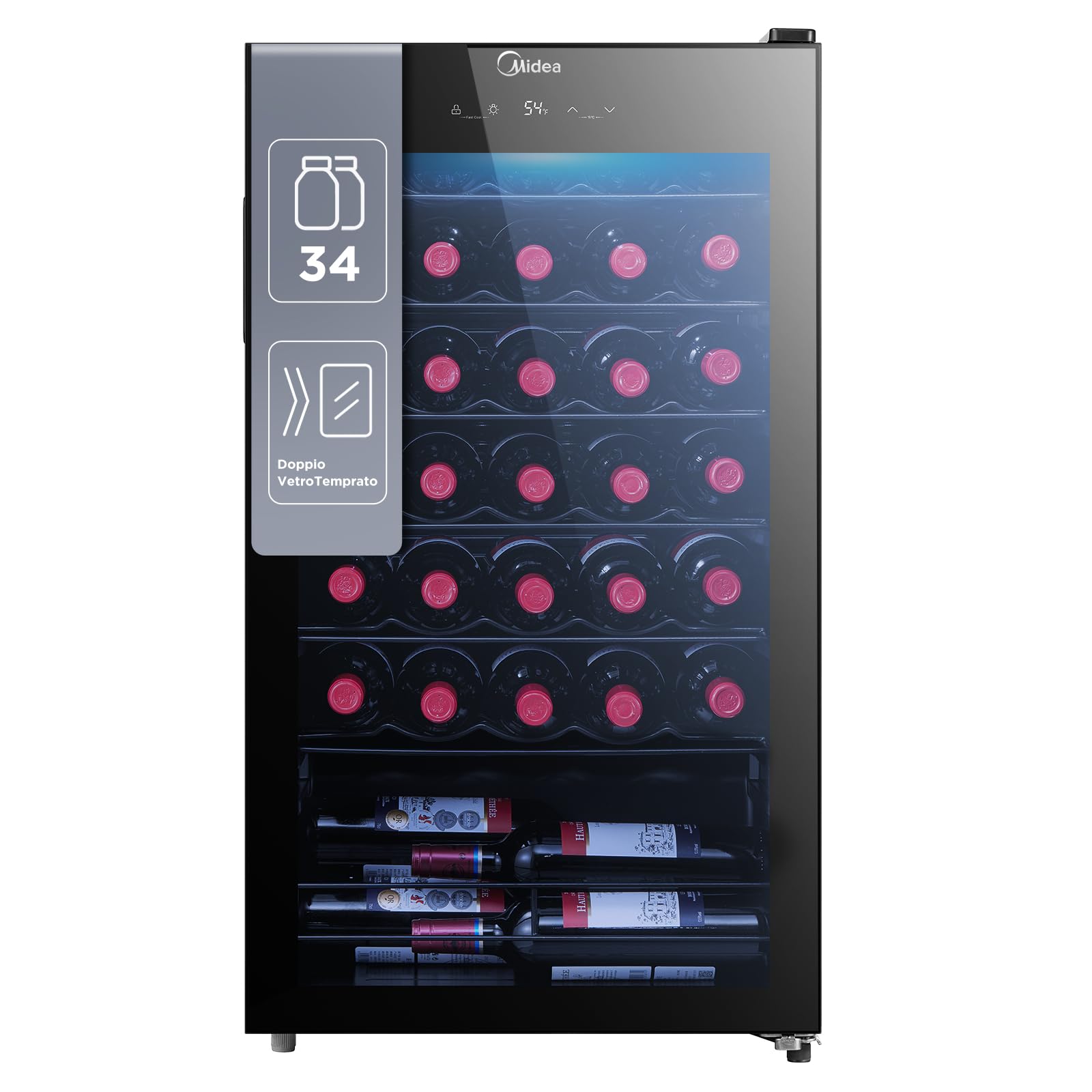 Midea Cantinetta Vino MDRW150FGG22, 34 Bottiglie, 1 Zona 5℃-18℃, Display Touch, Silenziosa 40 dB, Vetro Anti-UV, LED 3D, Installazione Libera, 47x44x84.5 cm, Nero