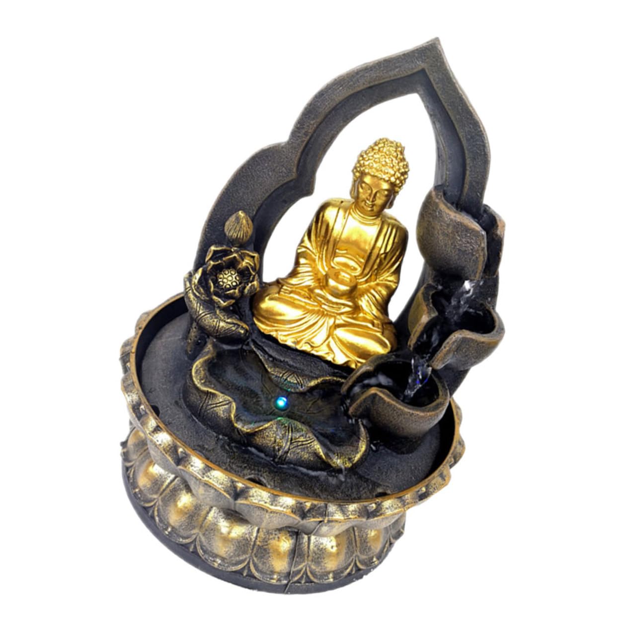SOLUSTRE Buddha Tabletop Waterfall Fountain Resin Water Feature for Indoor Decor Serene Garden Ornament with LED Light Chinese Inspired Design for Home Office Ambiance