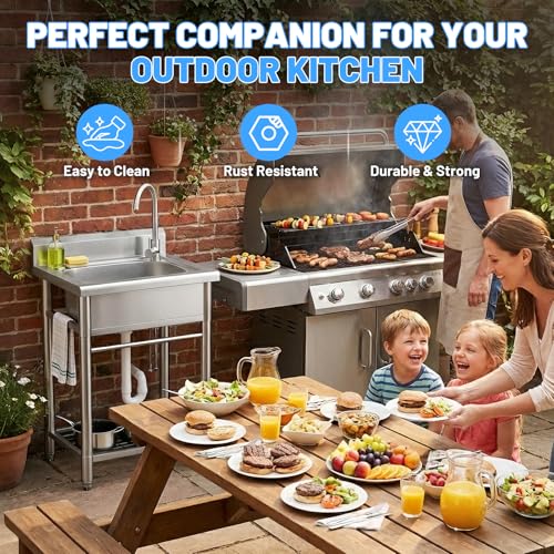Utility Sink Free Standing Single Bowl Kitchen Sink with Cold and Hot Water Pipe Stainless Steel Sink for Garage Shop Laundry Room Basement Garden Farmhouse Mens Gifts Ourdoor Indoor fregadero by Worcest - Image 3