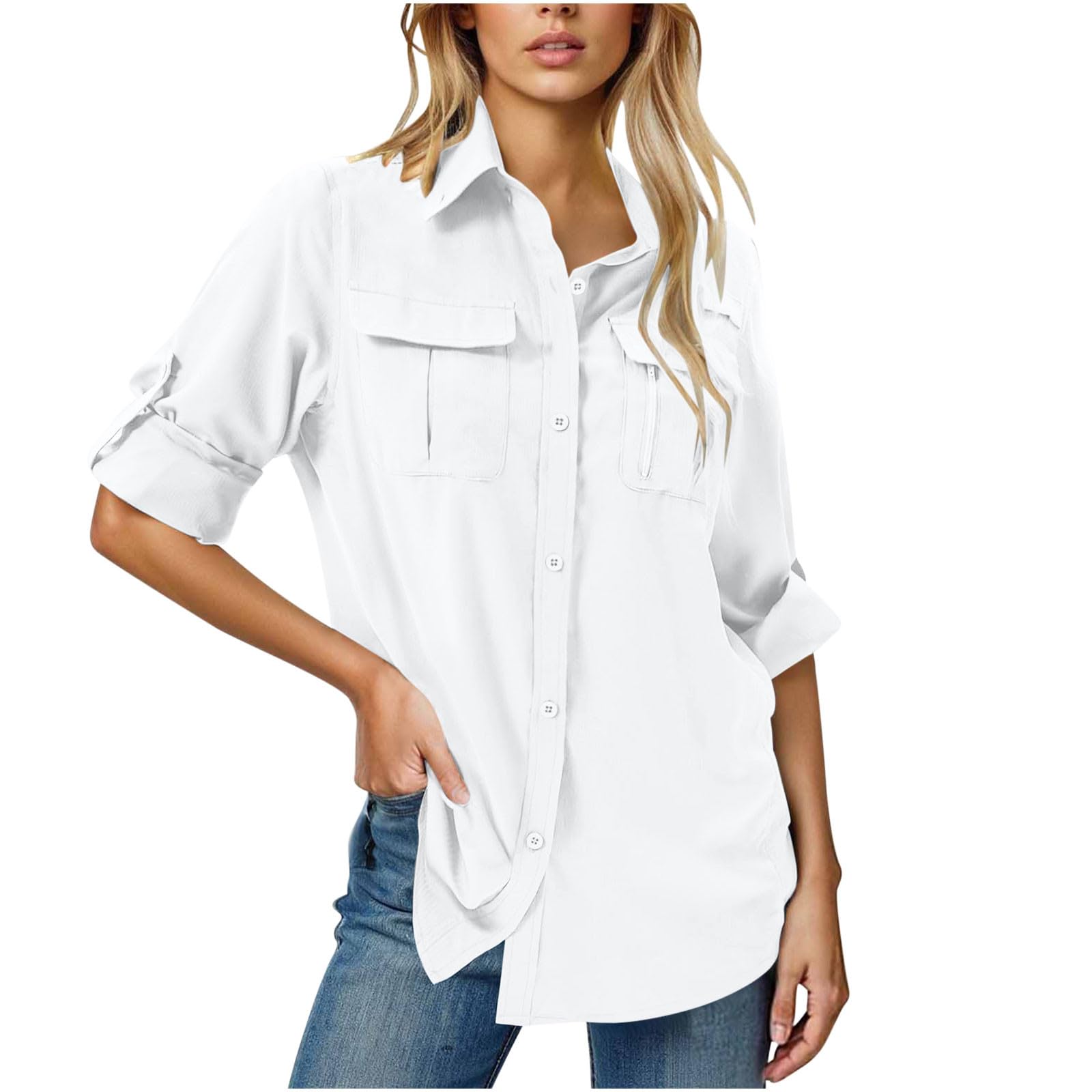 Chemisier anti-UV pour femme - Manches longues - Couleur unie - Chemise de loisirs - Chemise fonctionnelle pour la pêche, le safari, les voyages, le golf
