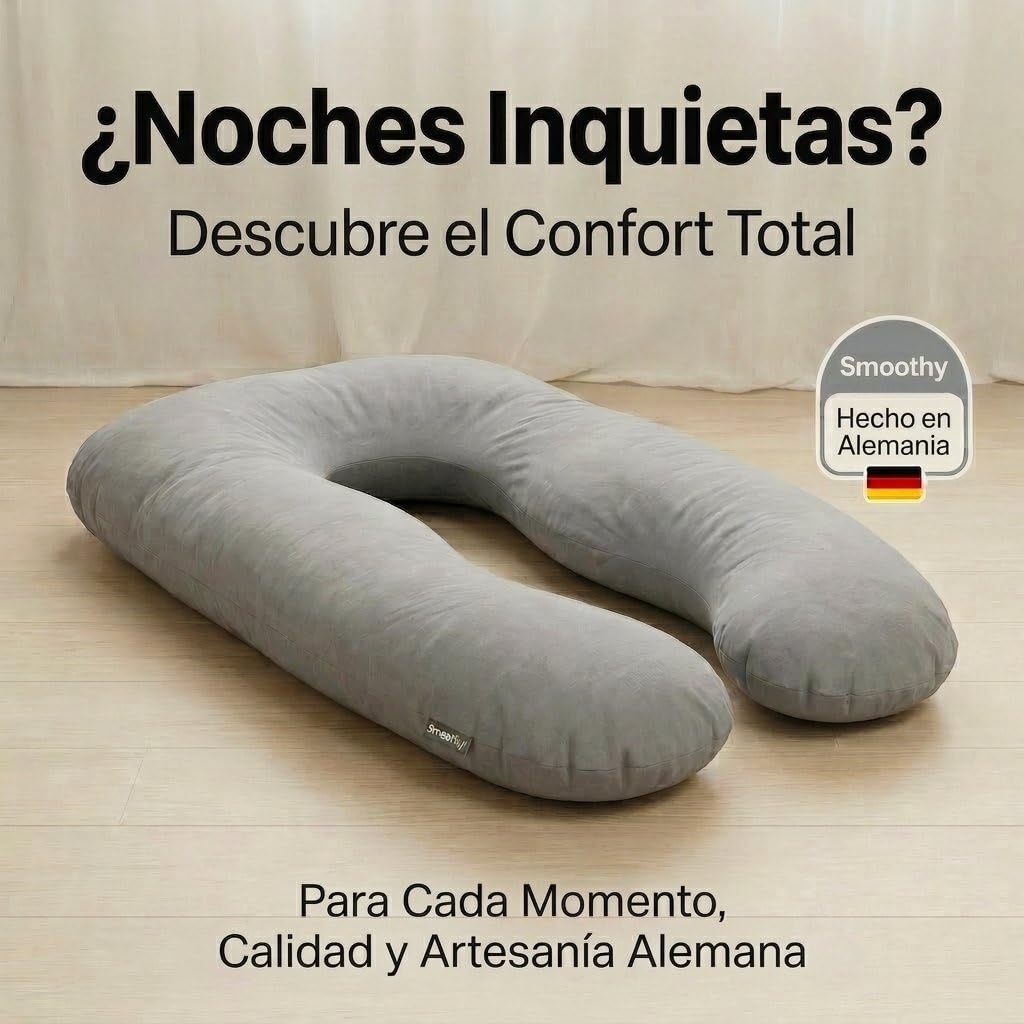 SMOOTHY® Almohada Embarazo en U 120x70 cm - Funda Algodón Lavable | Relleno de fibra de silicona que recupera su forma - sin cremallera que se rompa - ideal para dormir de lado y lactar