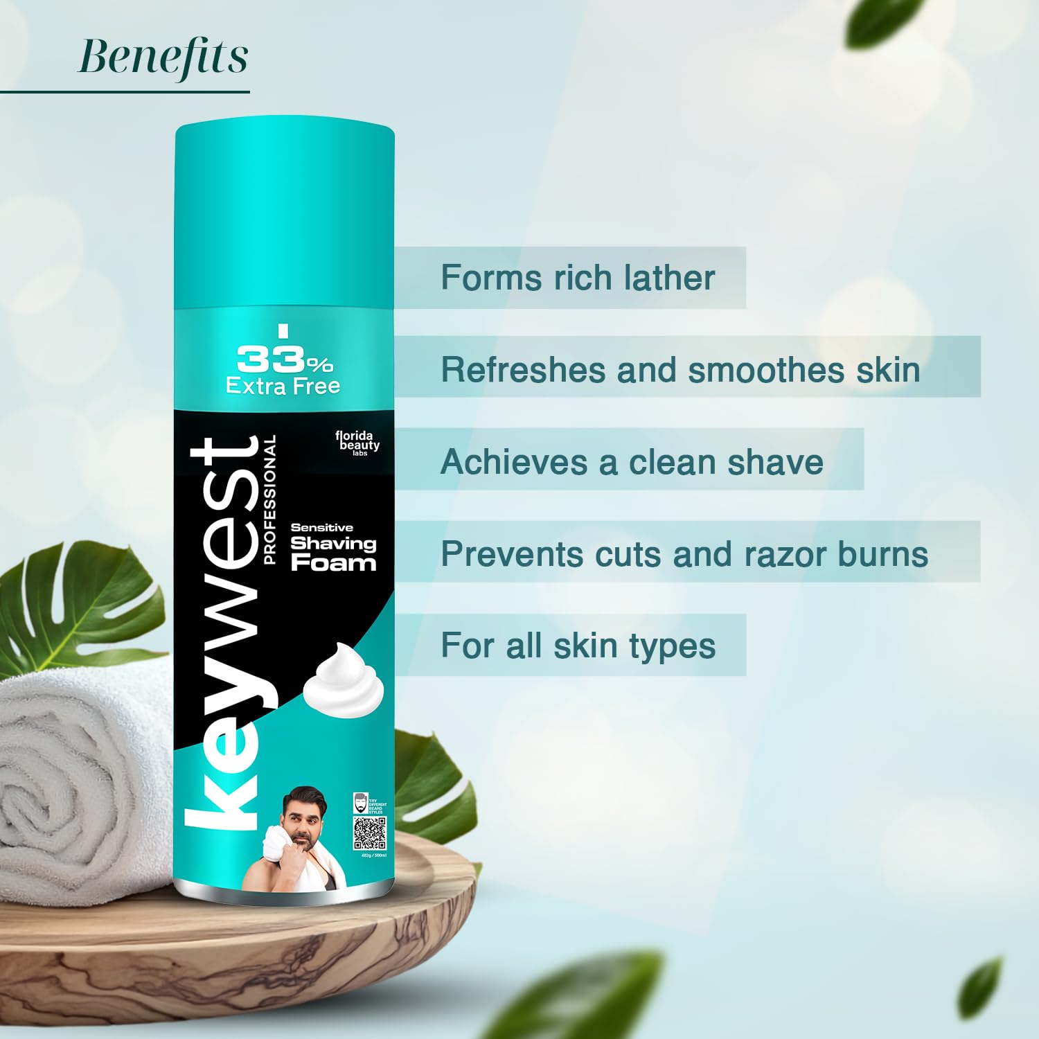 Keywest Sensitive Pre Shaving Foam for Men 482gm (33% Extra Free) | Shave Foam for Men Sensitive Skin | More Than 120 Shaves | Enriched with Tea Tree Oil & Aloe Vera