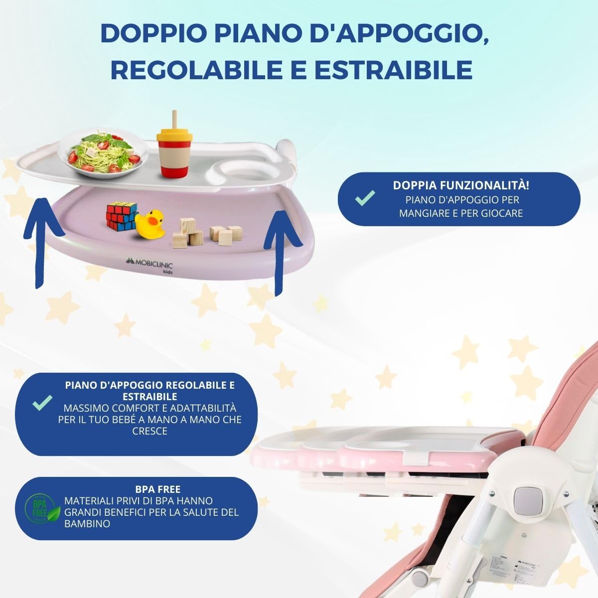 Mobiclinic® kids, Seggiolone per bambini, Evolutiva, Pieghevole, Trasformabile in, Simba, Imbracatura a 5 punti, Ruote con freno, Doppio vassoio estraibile, Tessuto lavabile, Regolabile
