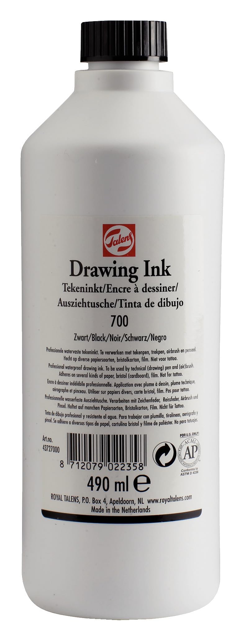 Talens Black Drawing Ink - 490 Ml Waterproof Ink 700 - Versatile For Pens, Airbrushes, And Brushes - Quick Drying & Water-Resistant