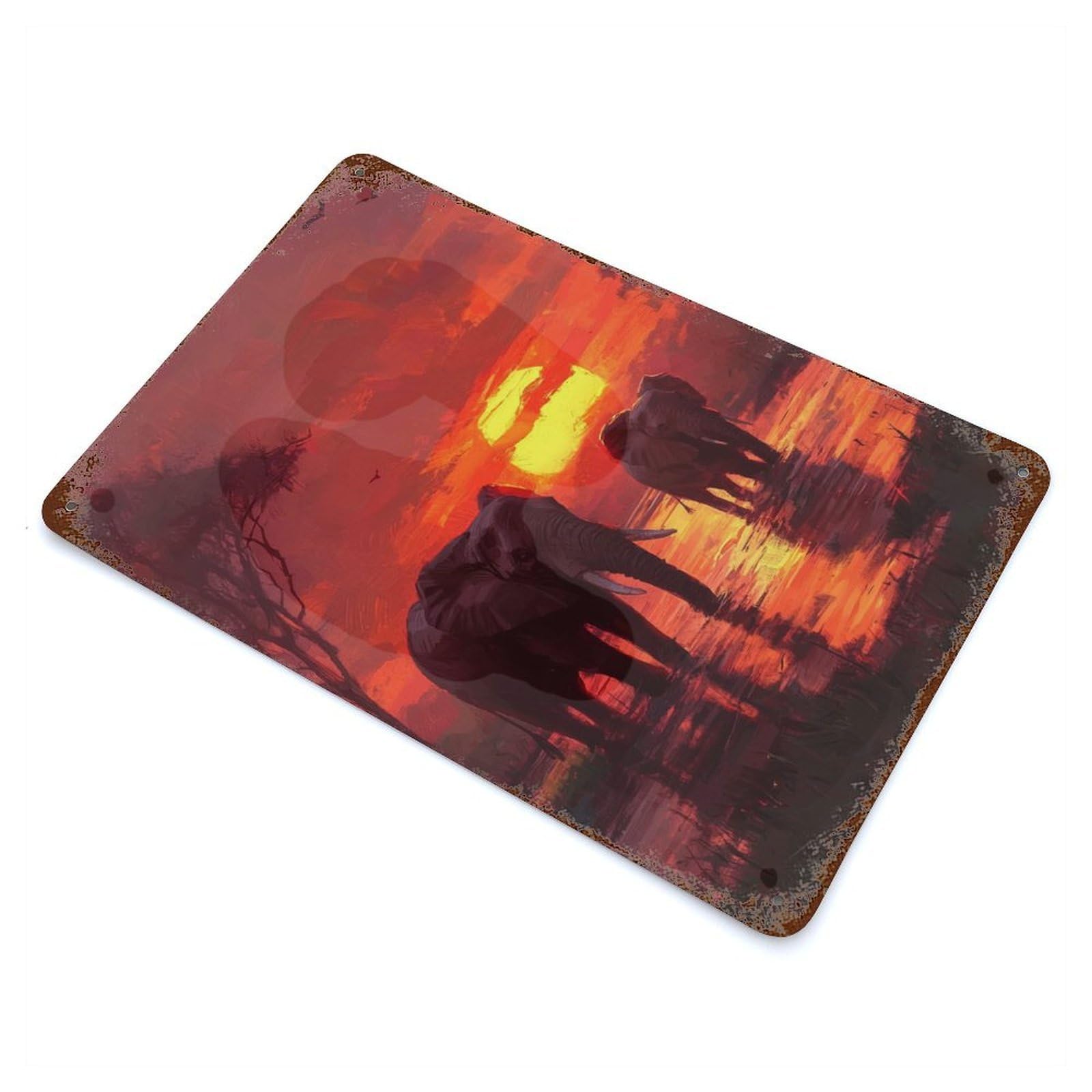 Elephants at Sunset Vintage Wall Sign 11.8"x7.9", Rust Effect Metal Decor for Cafe, Home Bar And Lounge Decor