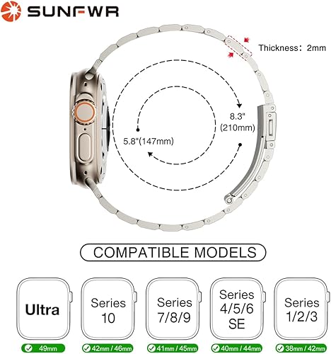 Miniatura 8 de SUNFWR Correa de reloj compatible con Apple Watch de 1.614 in 1.575 in 1.496 in, para mujeres y hombres, correa de metal de acero inoxidable con