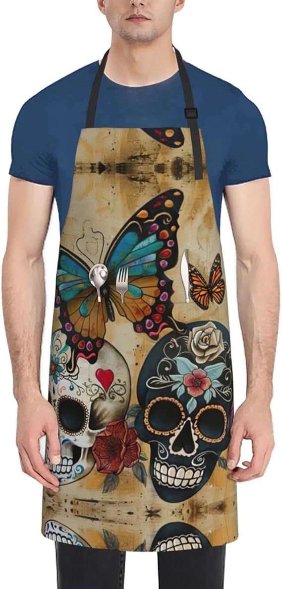 sugar skulls butterfly print Oxford Cloth Apron, Painting Aprons for Adults, Cooking Chef Grill Baking BBQ Apron