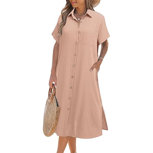 Zeagoo Women Dresses Summer Casual Short Sleeve Button Down Shirt Dresses 2025 Beach Cover Up with Pockets